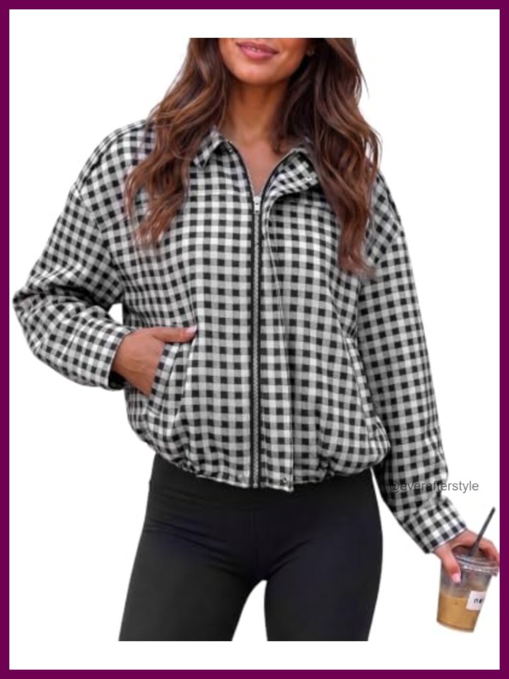 Women's Zip Up Checkered Cropped Jacket Oversized Collared Fall Coat